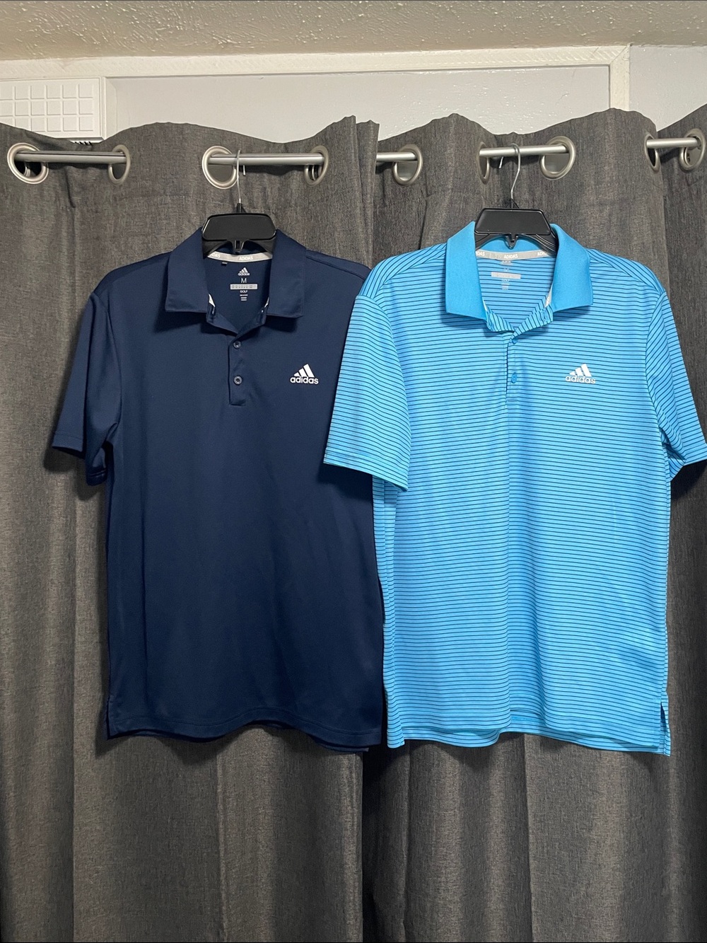 Two adidas Men's Polo Golf shirt bundle- Navy & Light Blue Striped